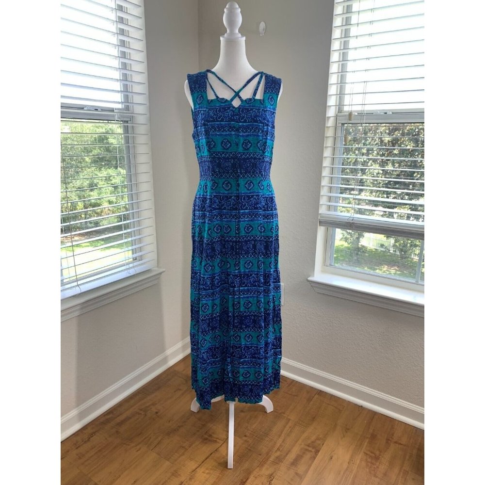I.C.I Womens Large Maxi Blue Floral Petite Summer Dress Tropical Print